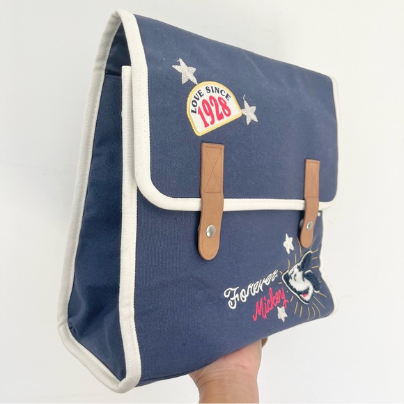 NWOT Disney Parks Forever Mickey Mouse Patch Messenger Backpack Canvas Blue Whte - Picture 2 of 10